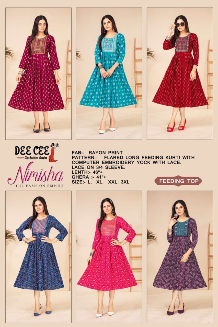 Nimisha By Deecee Rayon Printed Long Flaired Feeding Kurti Wholesale Shop In Surat
